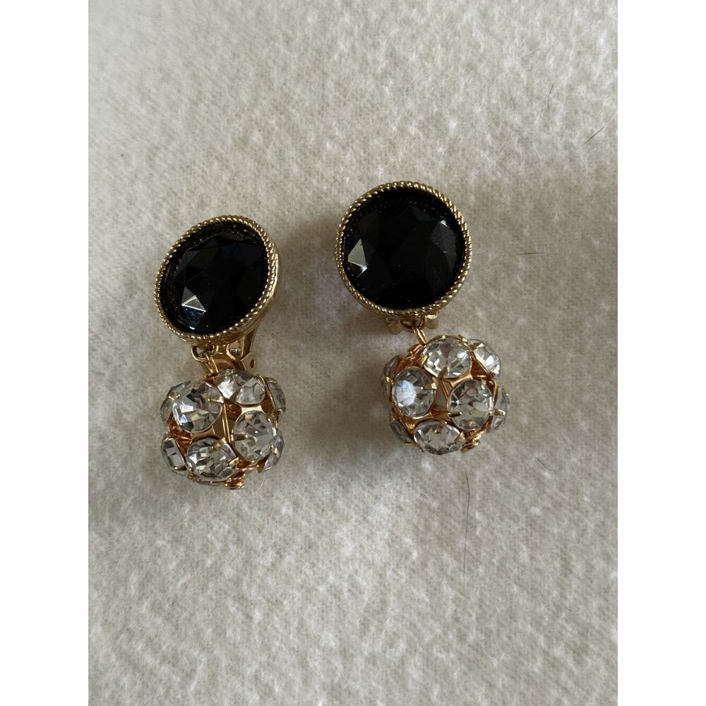 Carol Dauplaise Earrings Vintage Clip Black Crystal Rhinestone Orb Ball Dangle